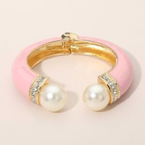 Pink Gold Pearl Tip Enamel Cuff Hinged Bracelet Fashion Statement Accessory